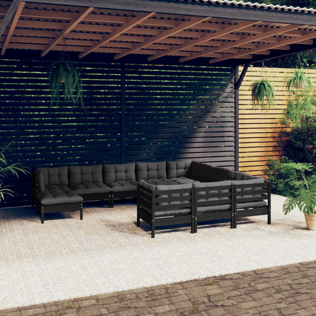 Salon de jardin 11 pcs avec coussins Noir Bois de pin