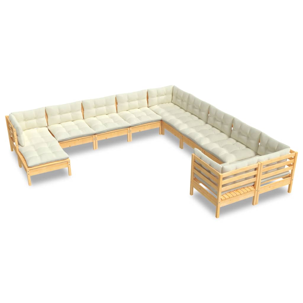 Garden furniture 11 pcs with pine wood cream cushions