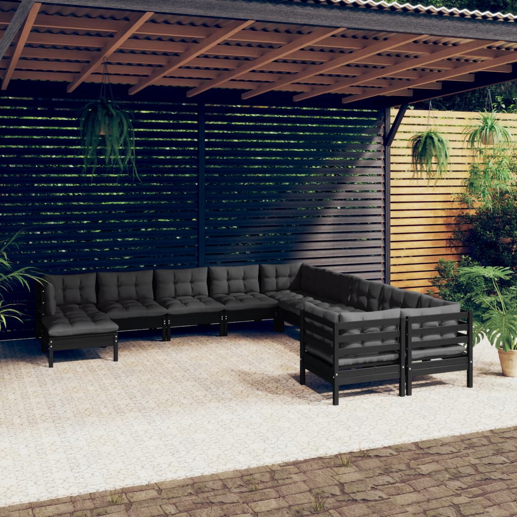 Salon de jardin 11 pcs avec coussins Noir Bois de pin