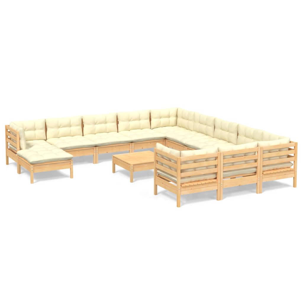 Garden furniture 13 pcs with pine wood cream cushions