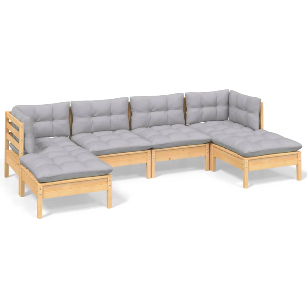 6 pcs garden furniture with gray pine wood cushions