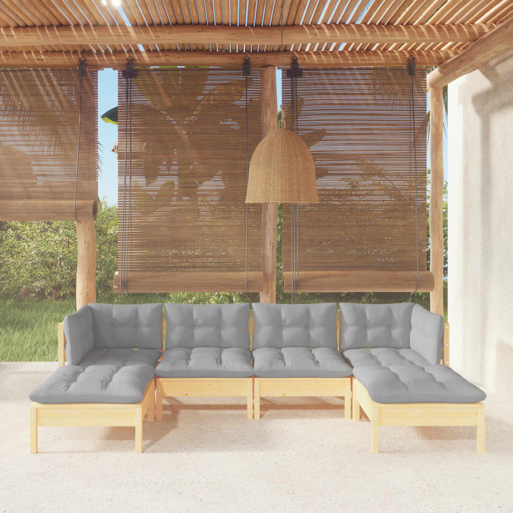 6 pcs garden furniture with gray pine wood cushions