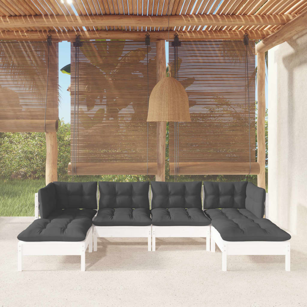 Salon de jardin 6 pcs avec coussins Blanc Bois de pin