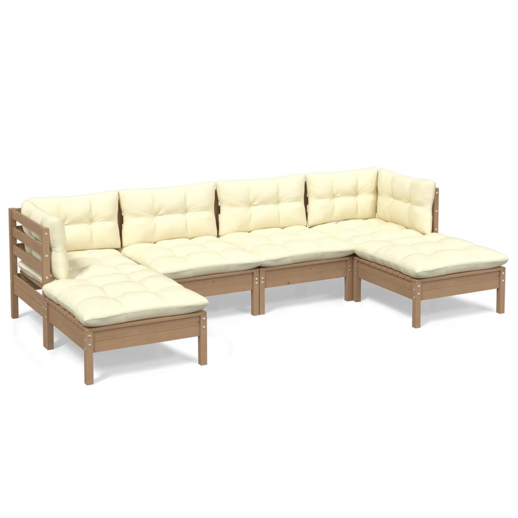 6 pcs garden furniture with brown cushions honey pine wood