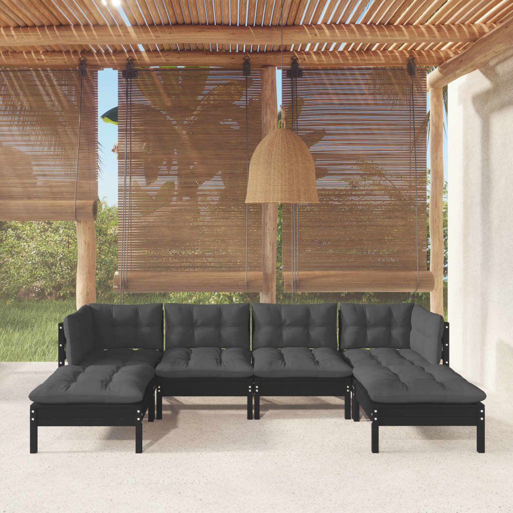 Salon de jardin 6 pcs avec coussins Noir Bois de pin