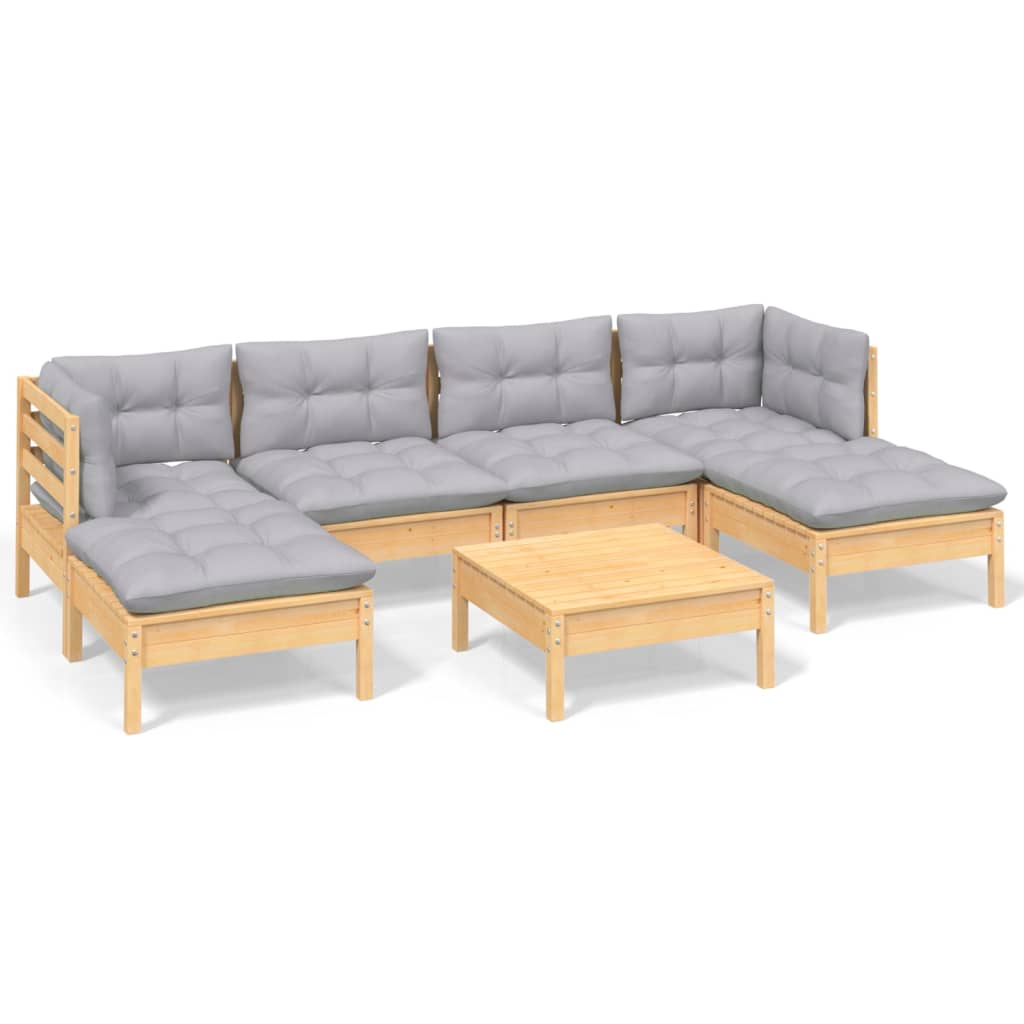 Garden furniture 7 pcs with gray pine wood cushions