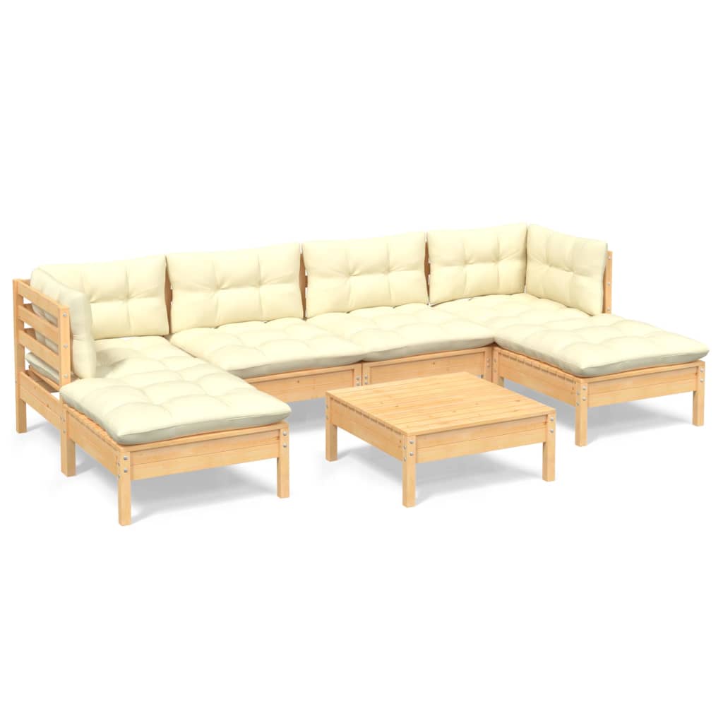 Garden furniture 7 pcs with pine wood cream cushions