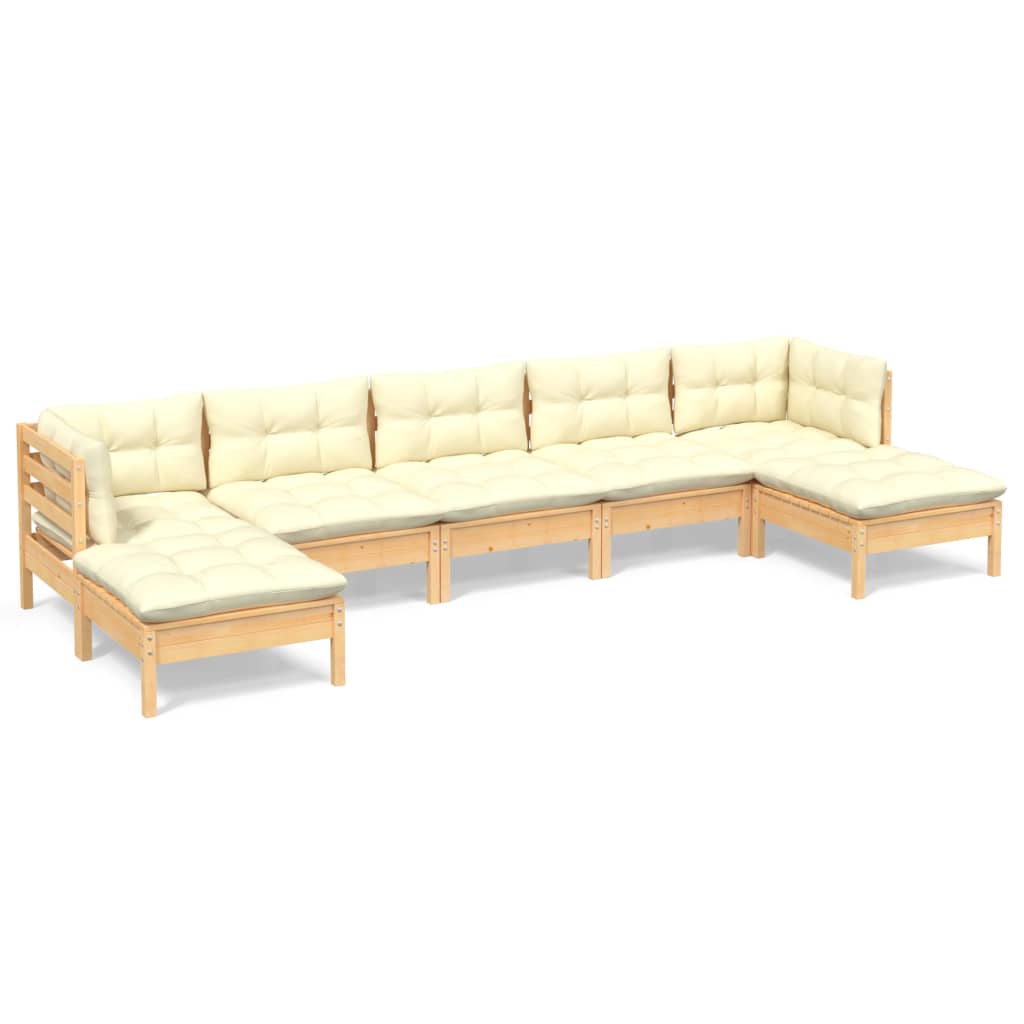 Garden furniture 7 pcs with pine wood cream cushions