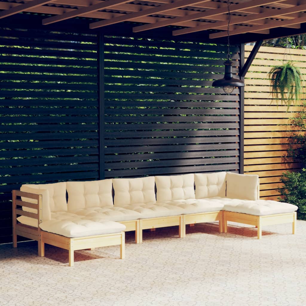 Garden furniture 7 pcs with pine wood cream cushions