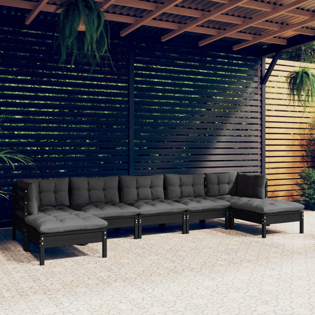 Salon de jardin 7 pcs avec coussins Noir Bois de pin