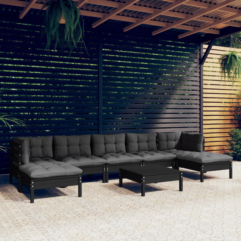 Salon de jardin 8 pcs avec coussins Noir Bois de pin