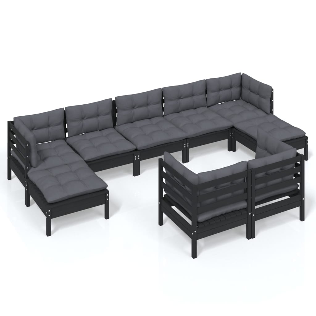 9 pcs garden furniture with black pine wood cushions