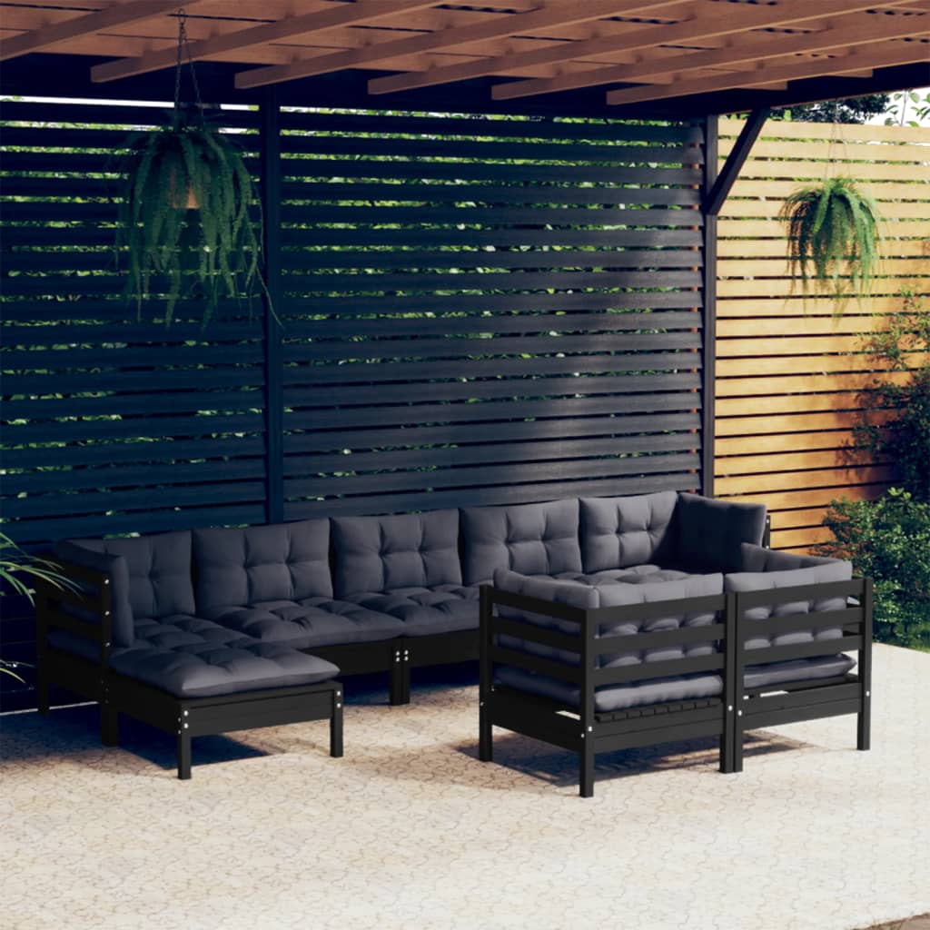 Salon de jardin 9 pcs avec coussins Noir Bois de pin solide