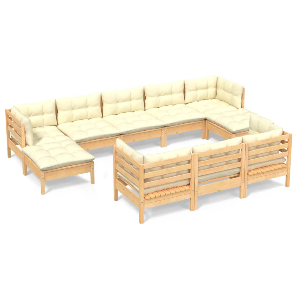 10 pcs garden furniture with solid wood pine cream cushions