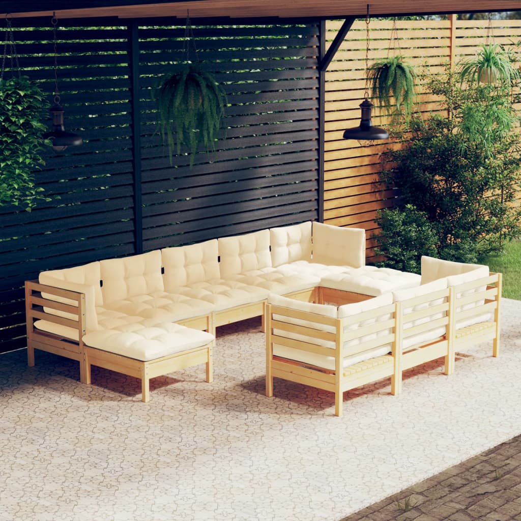 Mobili da giardino 10 pezzi con cuscini color crema. Legno di pino massiccio