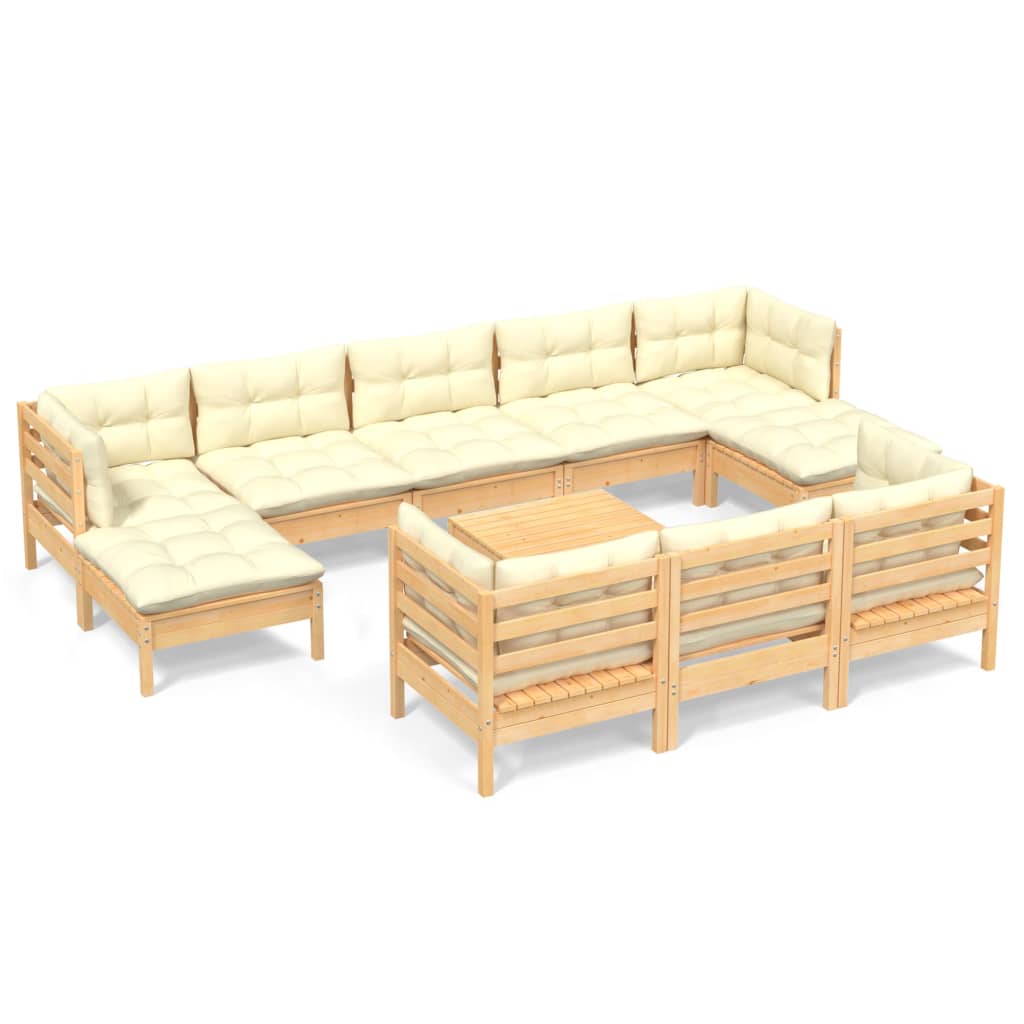 Garden furniture 11 pcs with cushions Solid pine cream