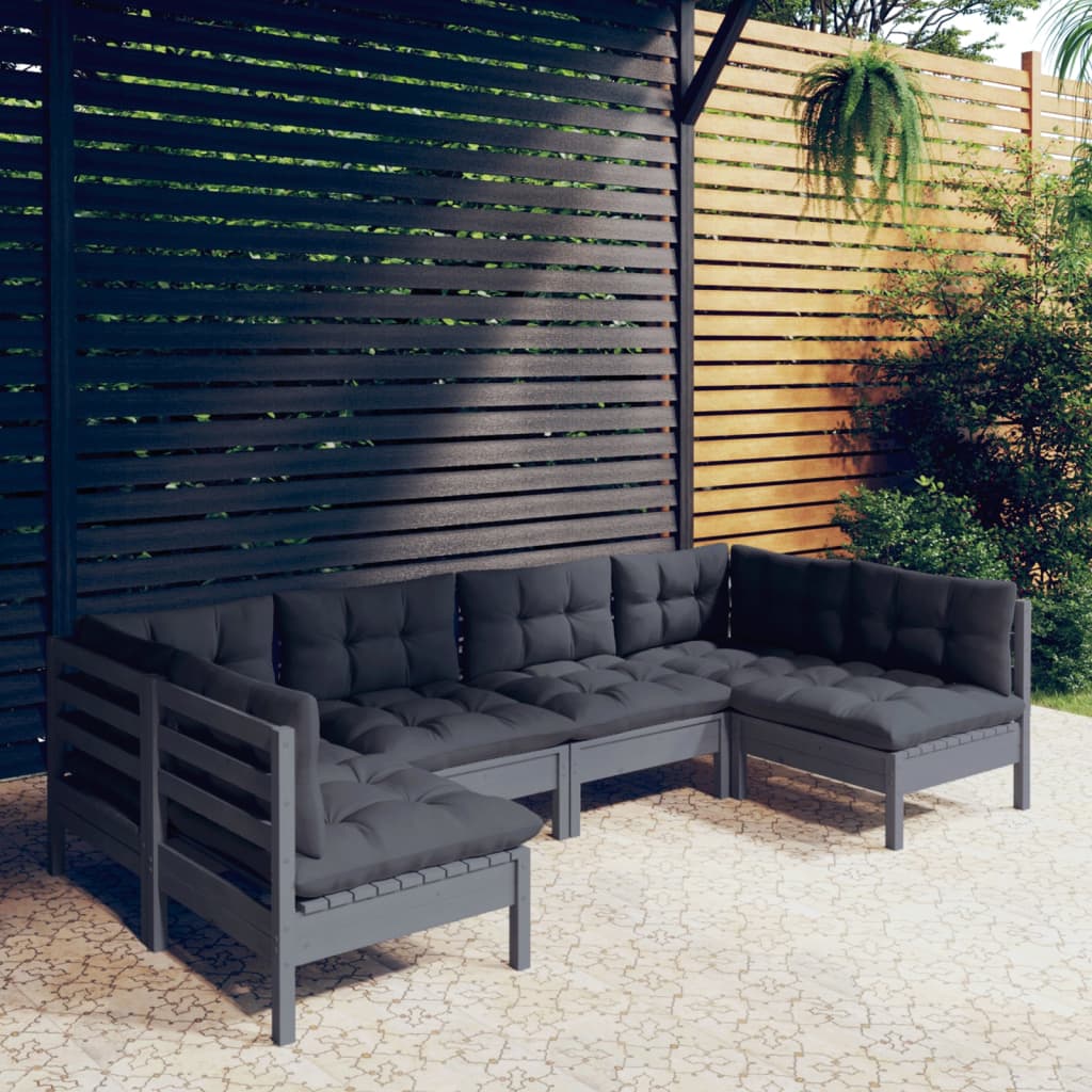 Salon de jardin 6 pcs avec coussins Gris Bois de pin massif