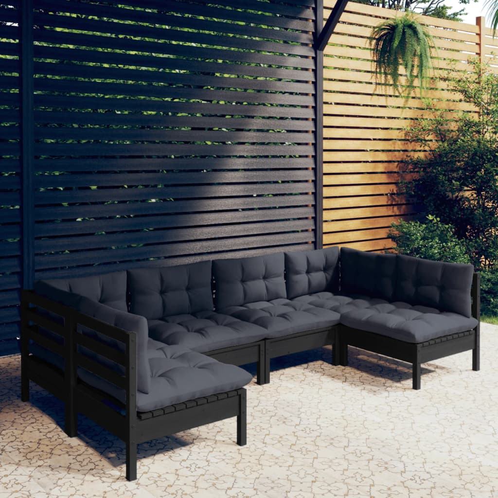 Salon de jardin 6 pcs avec coussins Noir Bois de pin massif