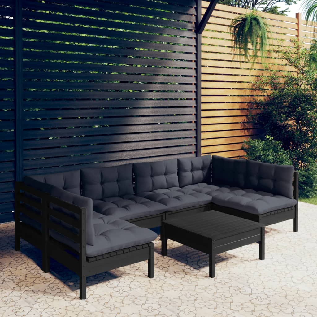 Salon de jardin 7 pcs avec coussins Noir Bois de pin massif