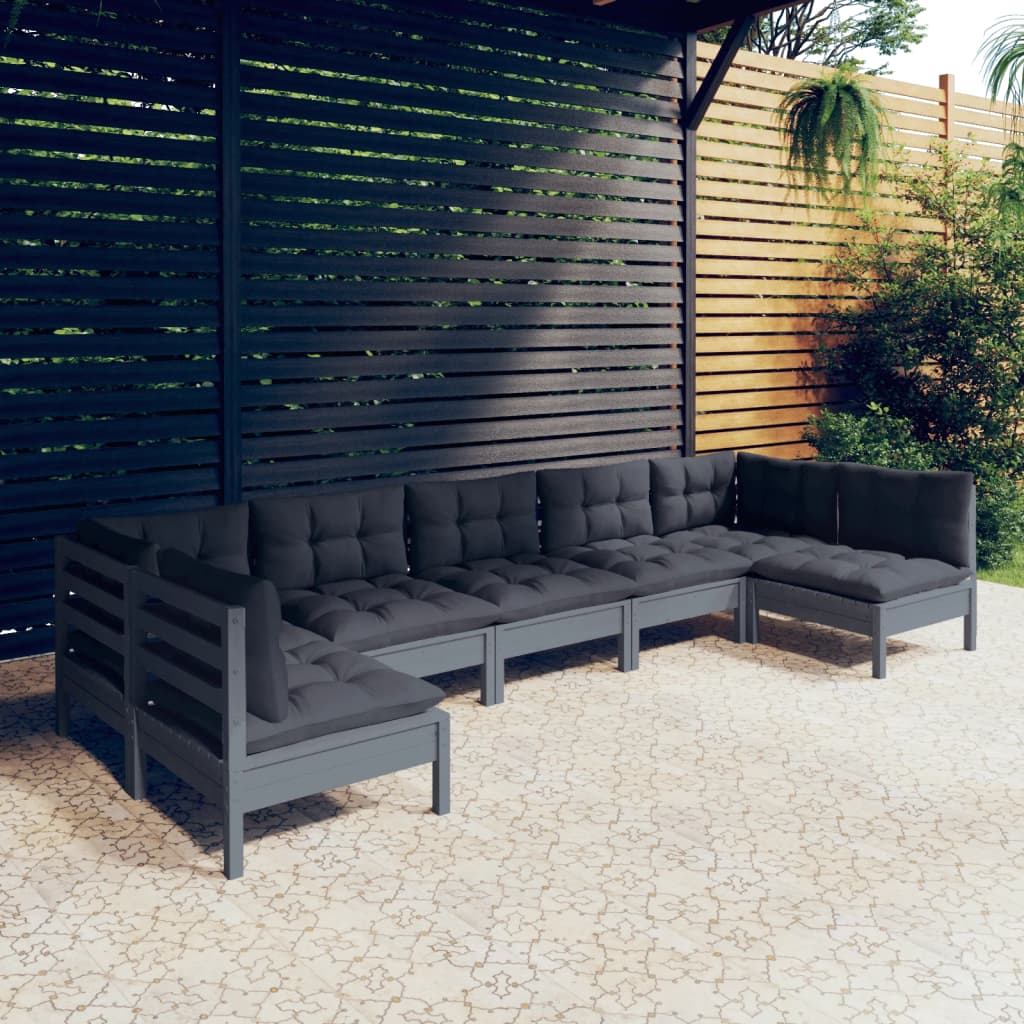 Salon de jardin 7 pcs avec coussins Gris Bois de pin massif