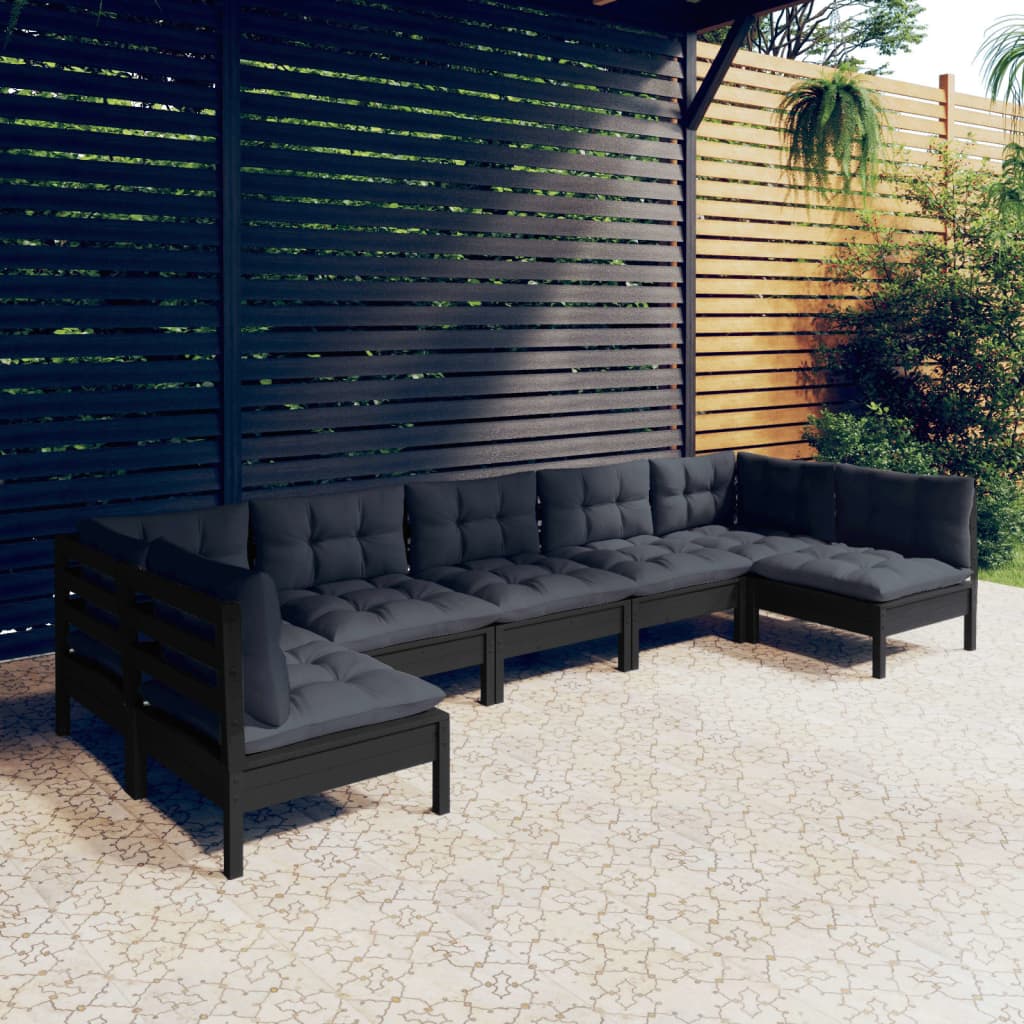 Salon de jardin 7 pcs avec coussins Noir Bois de pin solide