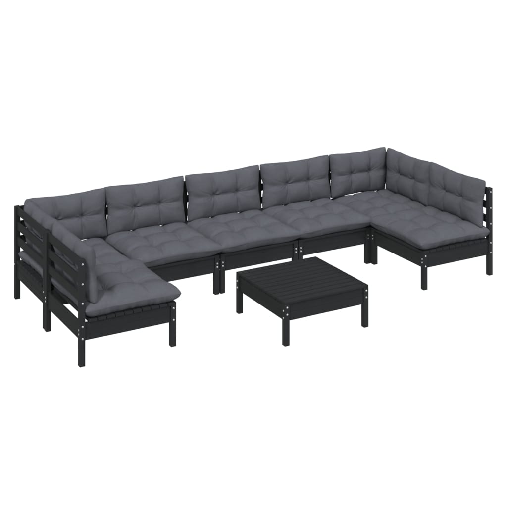 8 pcs garden furniture with black pine wood cushions