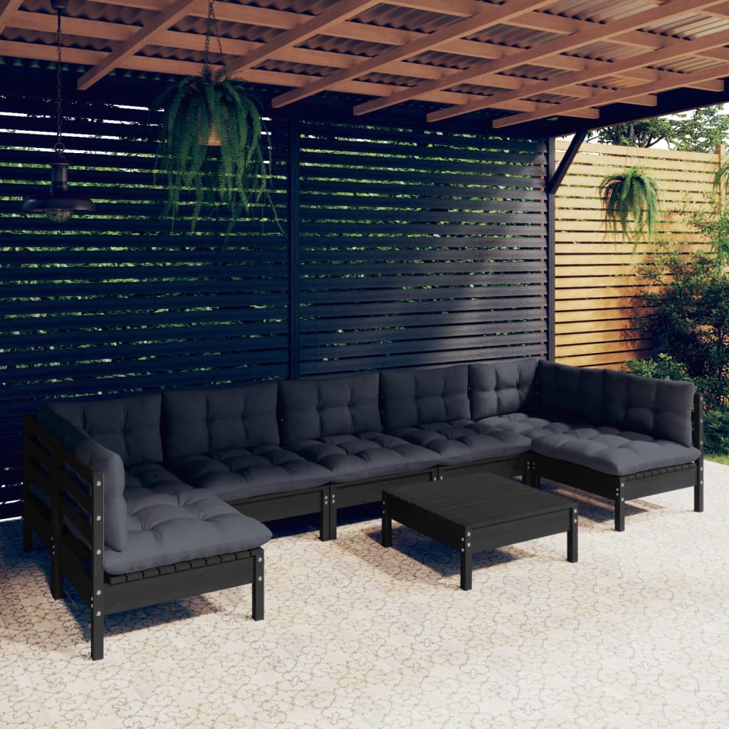 Salon de jardin 8 pcs avec coussins Noir Bois de pin massif