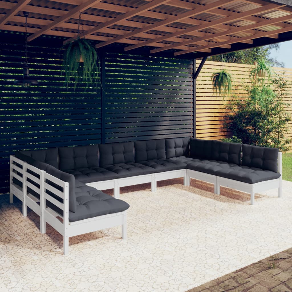 Salon de jardin 9 pcs avec coussins blanc bois de pin solide