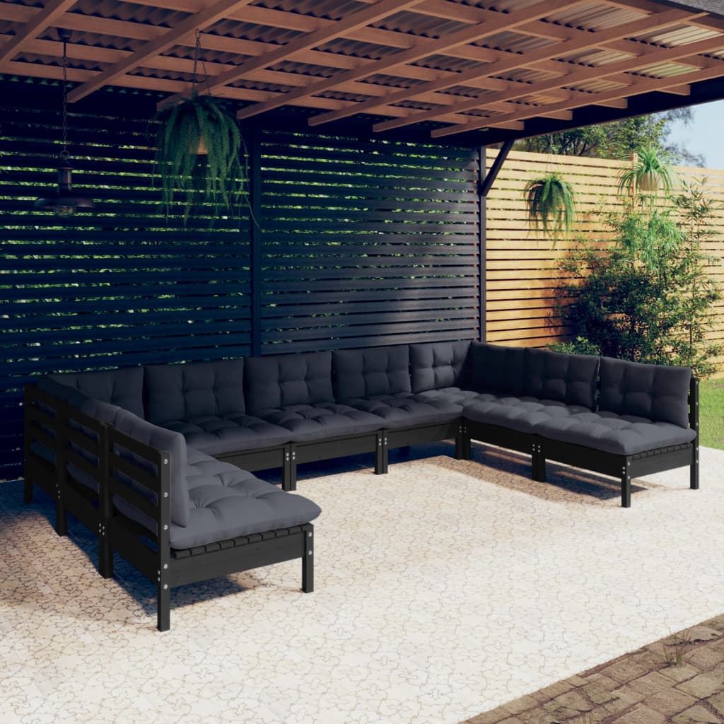 Salon de jardin 9 pcs avec coussins Noir Bois de pin solide