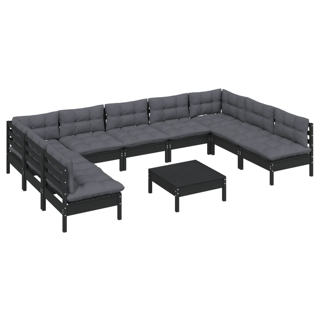 10 pcs garden furniture with black pine wood cushions