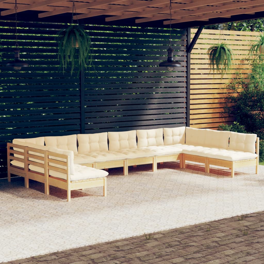 Mobili da giardino da 10 pezzi con cuscini color crema. Legno di pino massiccio