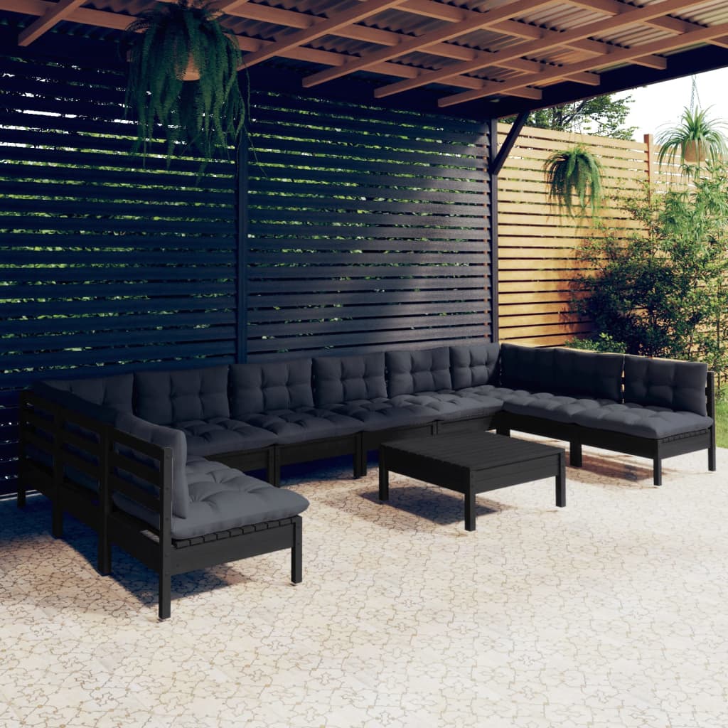 Salon de jardin 11 pcs avec coussins Noir Bois de pin massif