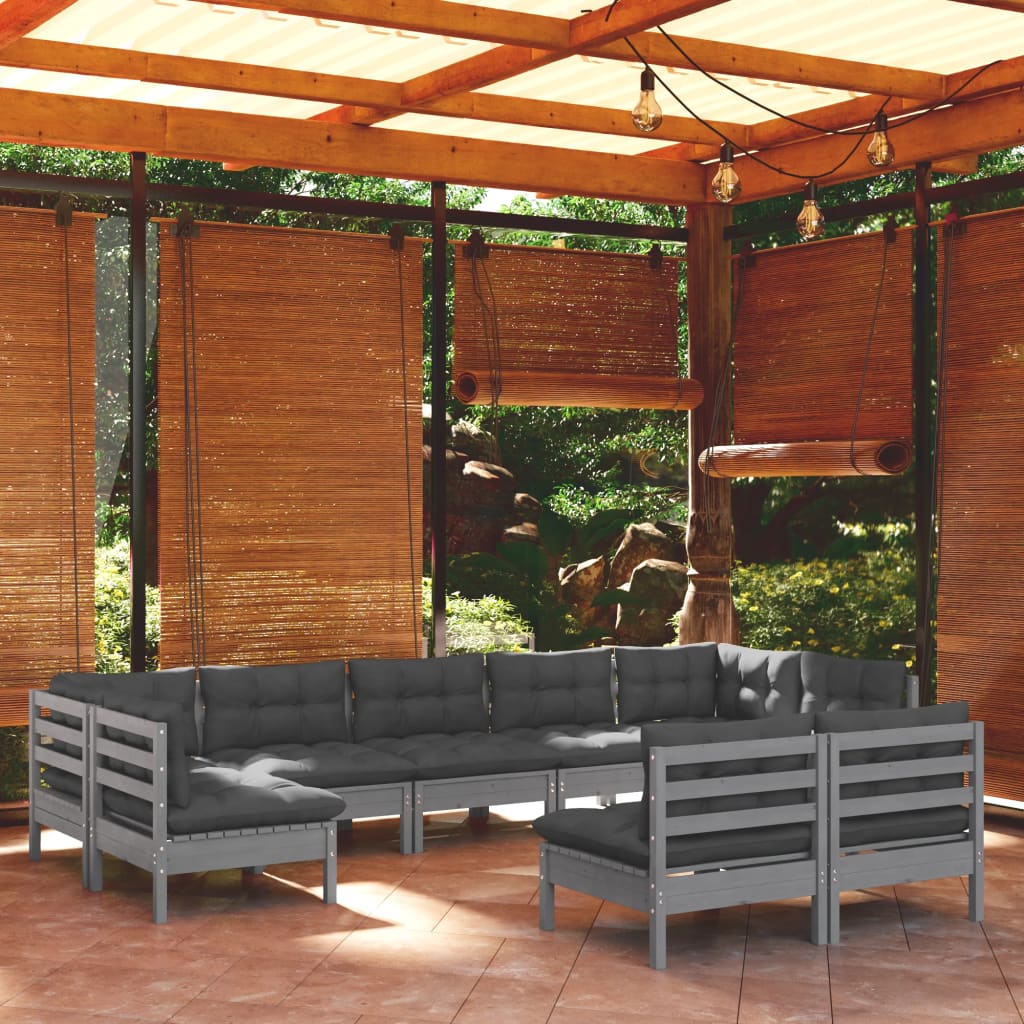 Salon de jardin 9 pcs avec coussins Gris Bois de pin solide