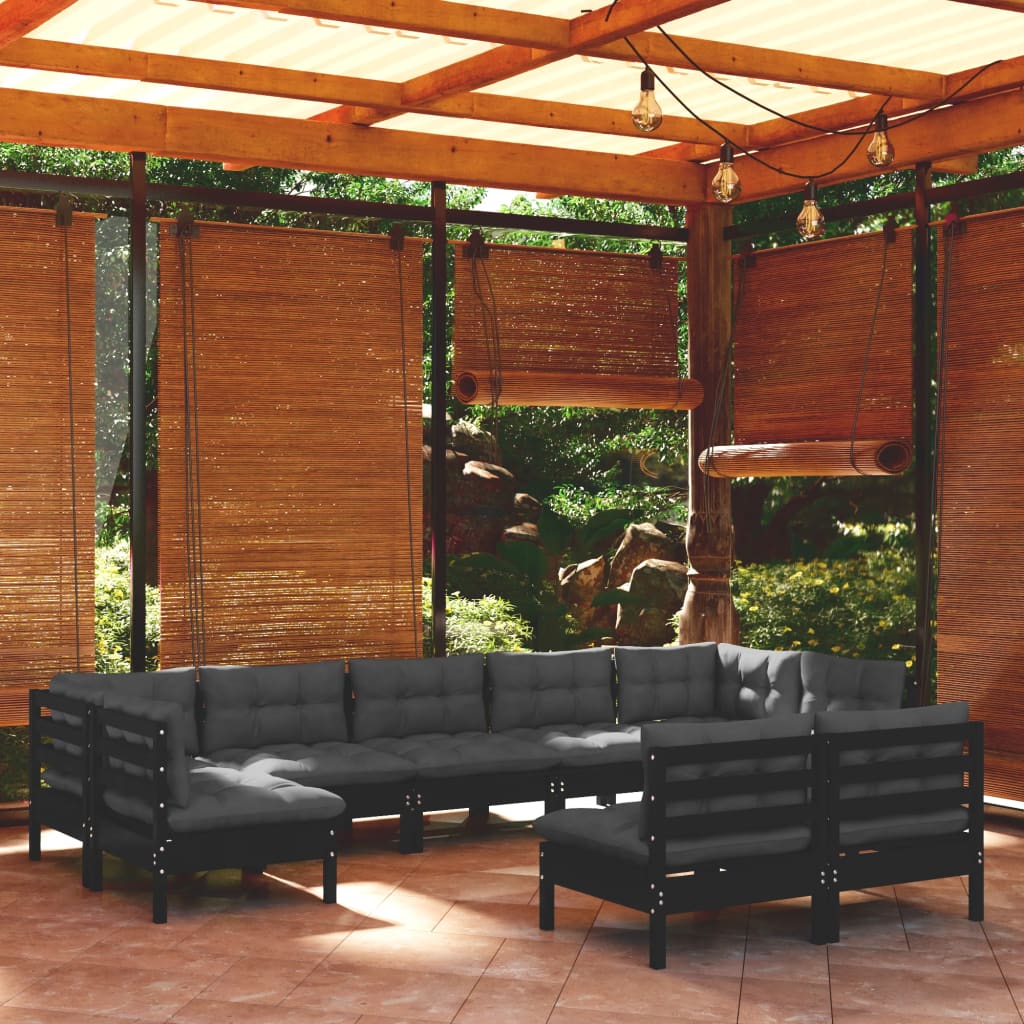 Salon de jardin 9 pcs avec coussins Noir Bois de pin solide