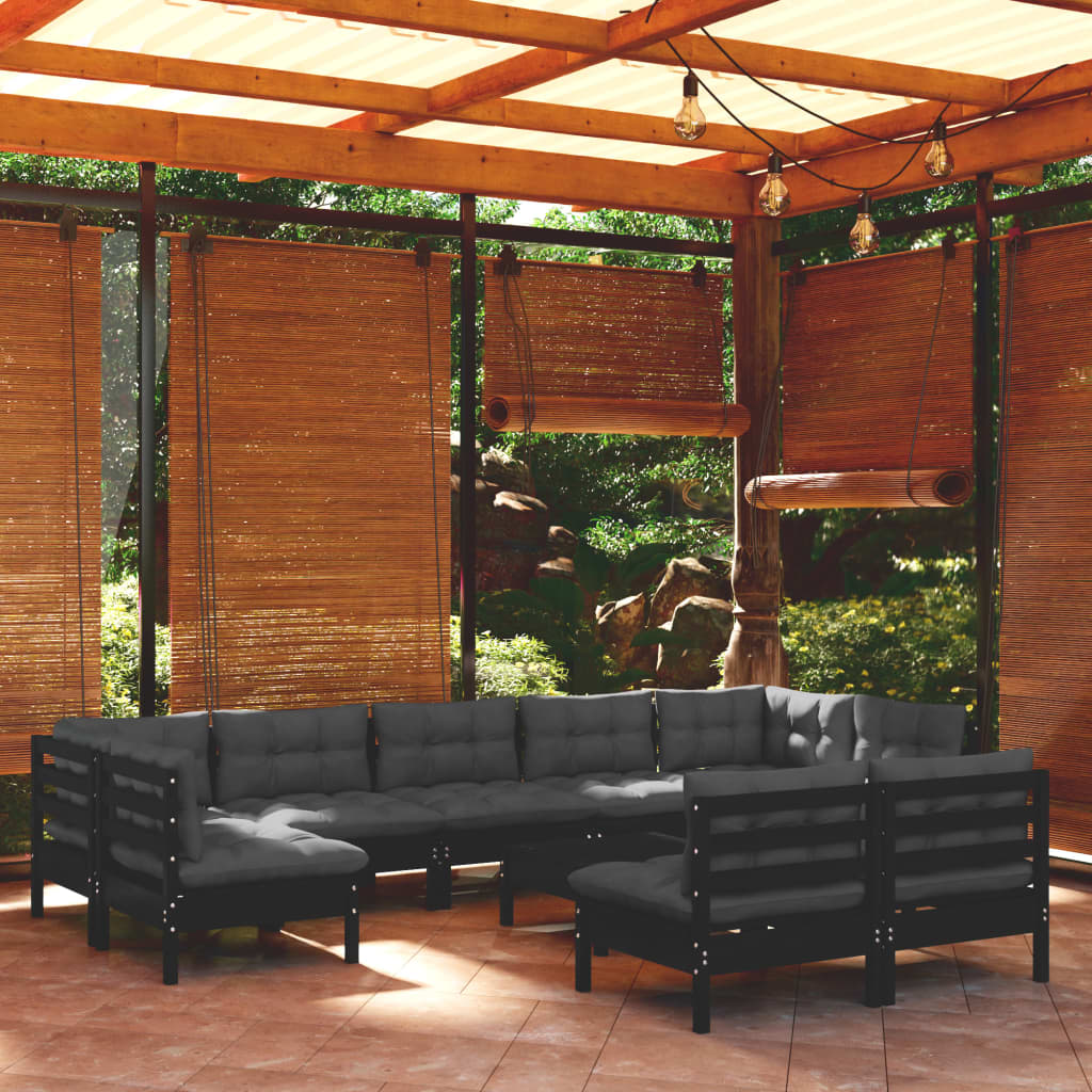 Salon de jardin 10 pcs avec coussins Noir Bois de pin solide