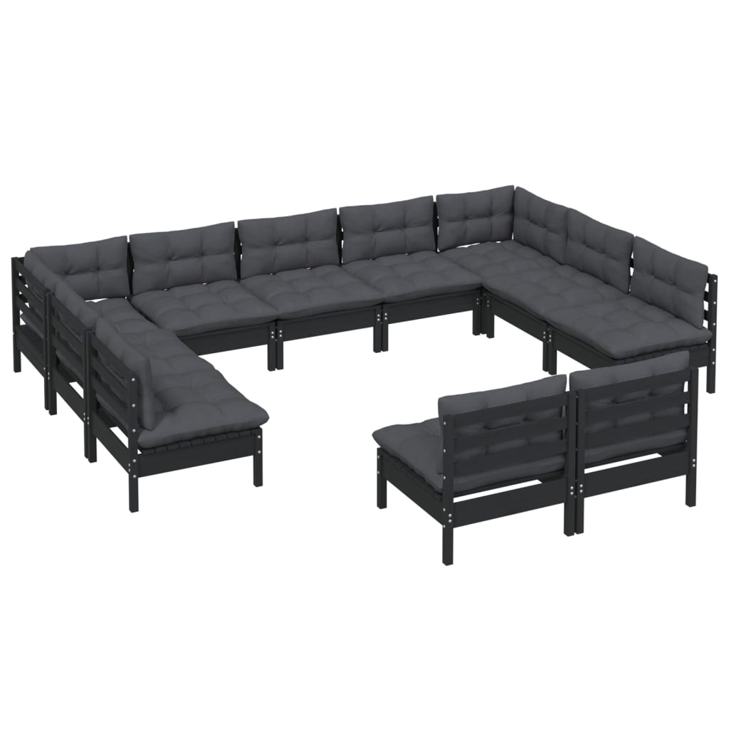 Garden furniture 11 pcs with black pine wood cushions