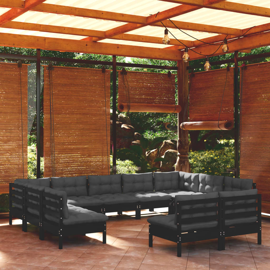 Salon de jardin 11 pcs avec coussins Noir Bois de pin massif