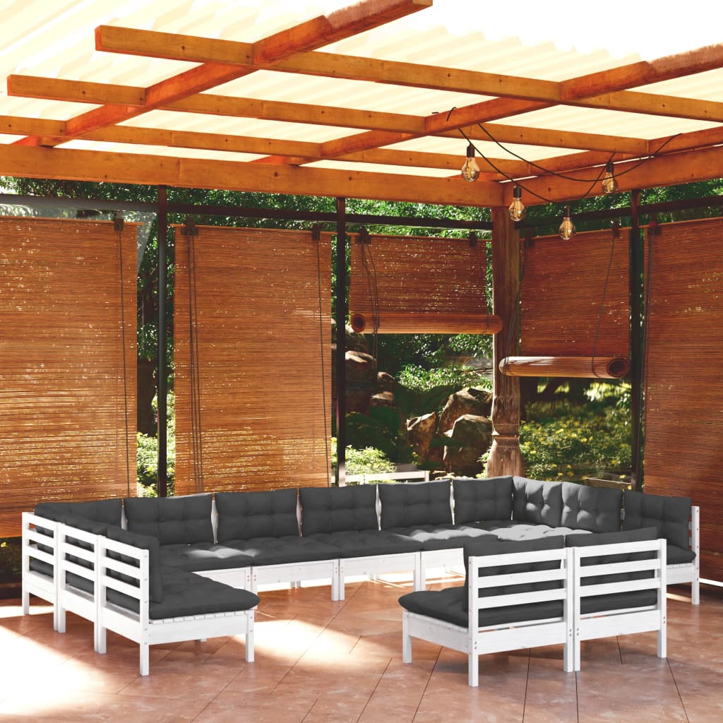 Salon de jardin 12 pcs avec coussins blanc bois de pin solide