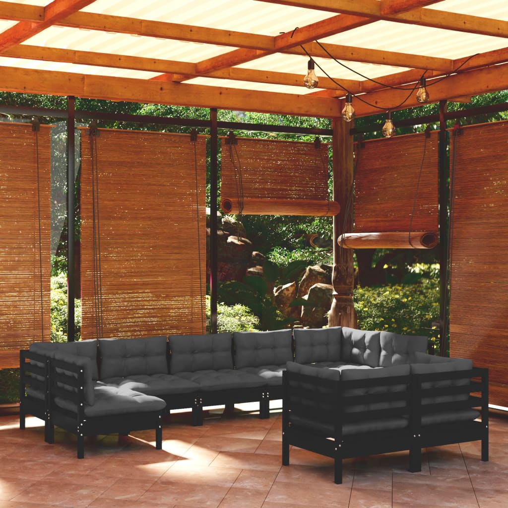 Salon de jardin 9 pcs avec coussins Noir Bois de pin massif