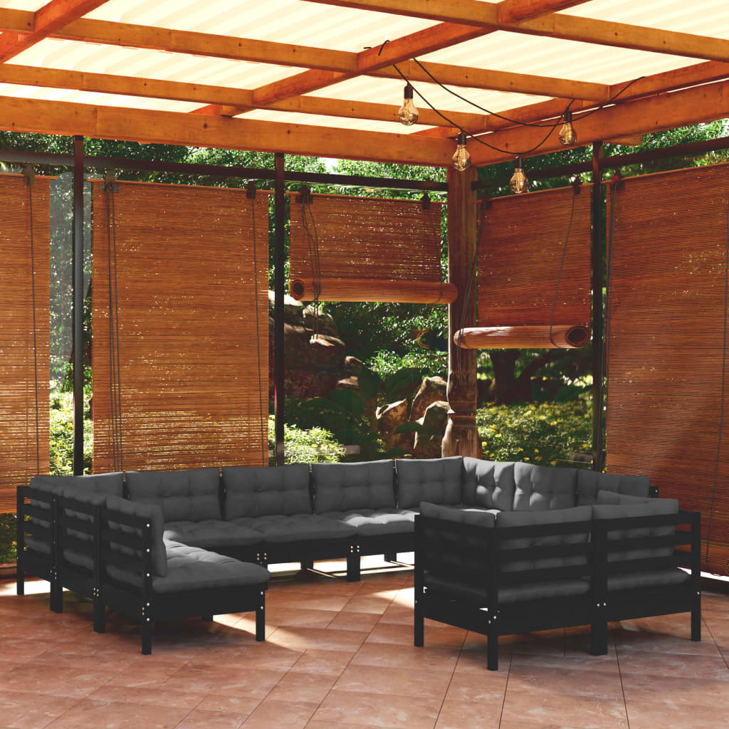 Salon de jardin 11 pcs avec coussins Noir Bois de pin massif