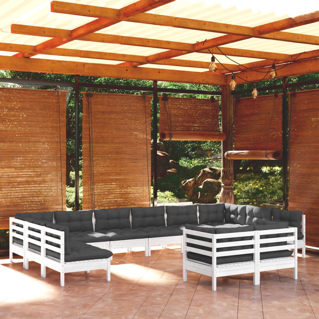 Salon de jardin 12 pcs avec coussins blanc bois de pin massif