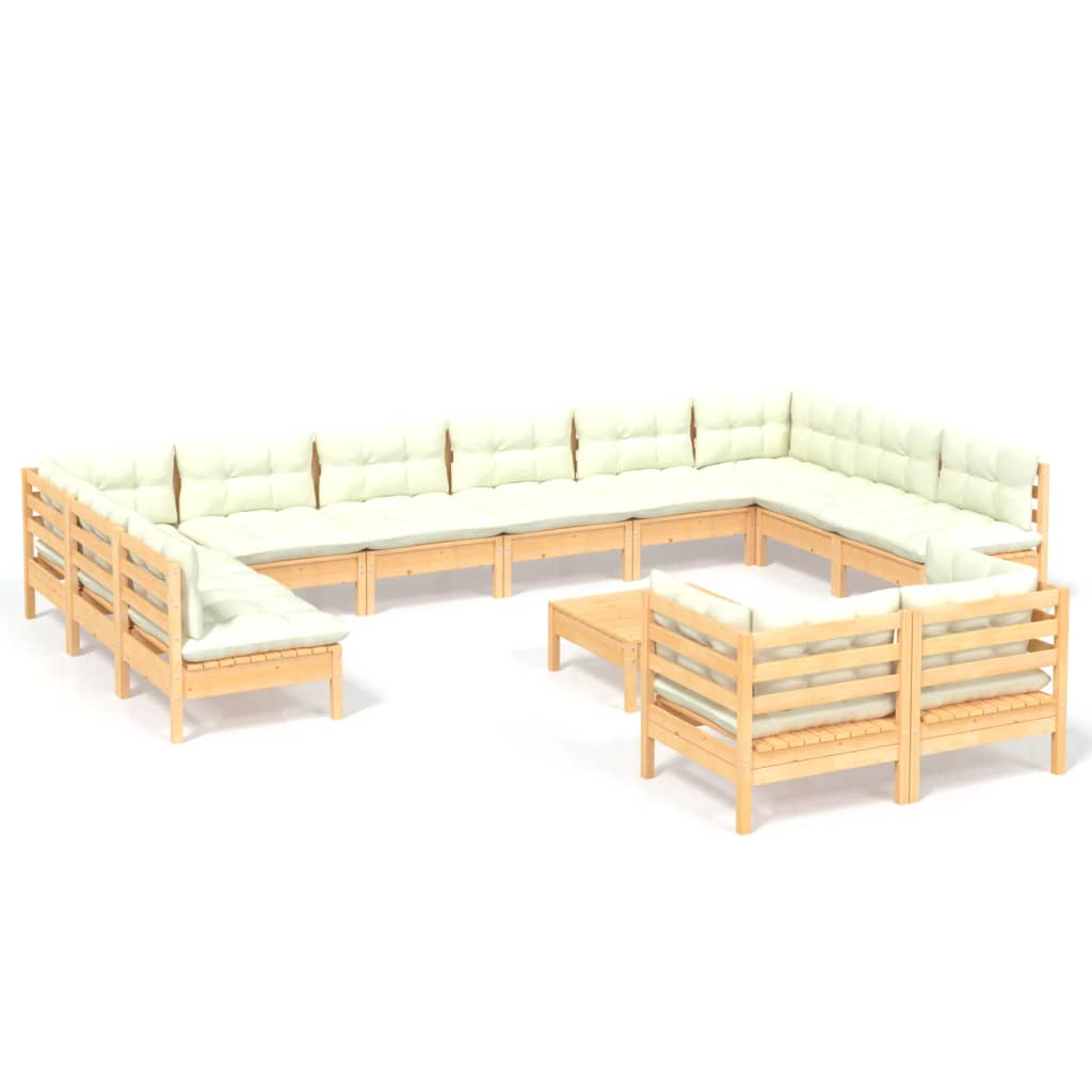 Salon de jardin 13 pcs avec coussins crème bois de pin