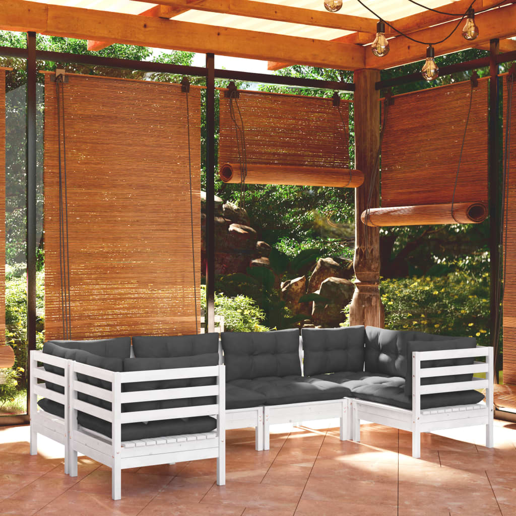 Salon de jardin 6 pcs avec coussins blanc bois de pin