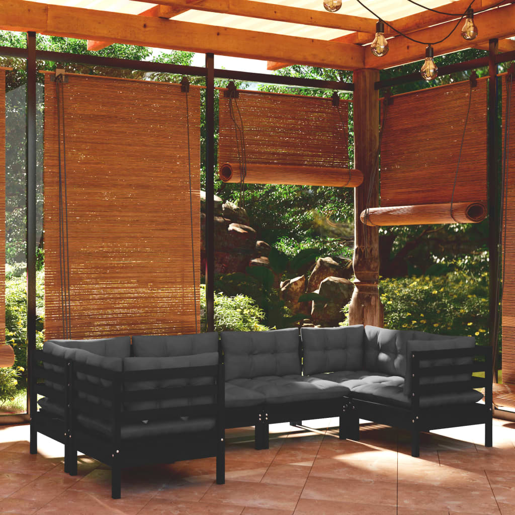 Salon de jardin 6 pcs avec coussins Noir Bois de pin