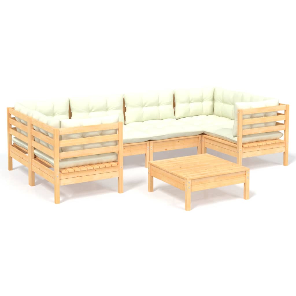 Garden furniture 7 pcs with pine wood cream cushions