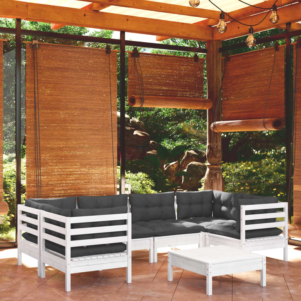 Salon de jardin 7 pcs avec coussins blanc bois de pin