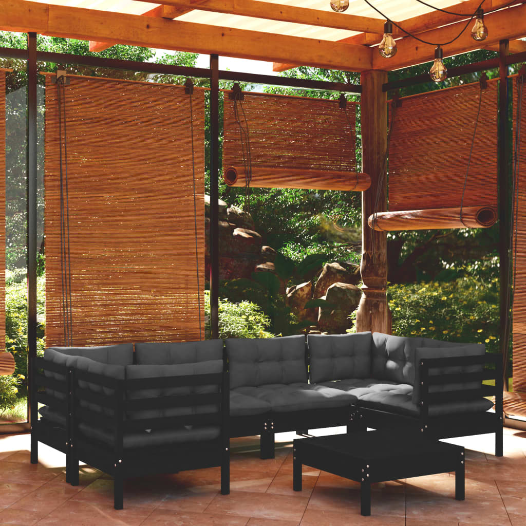 Salon de jardin 7 pcs avec coussins Noir Bois de pin