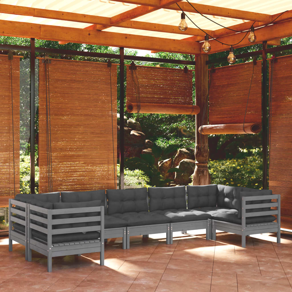 Salon de jardin 7 pcs avec coussins Gris Bois de pin