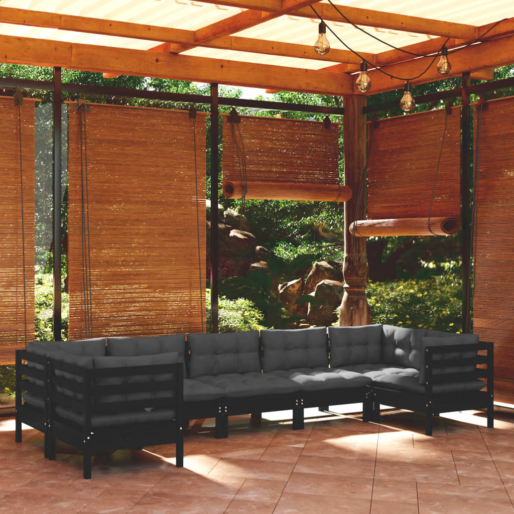 Garden furniture 7 pcs with black pine wood cushions