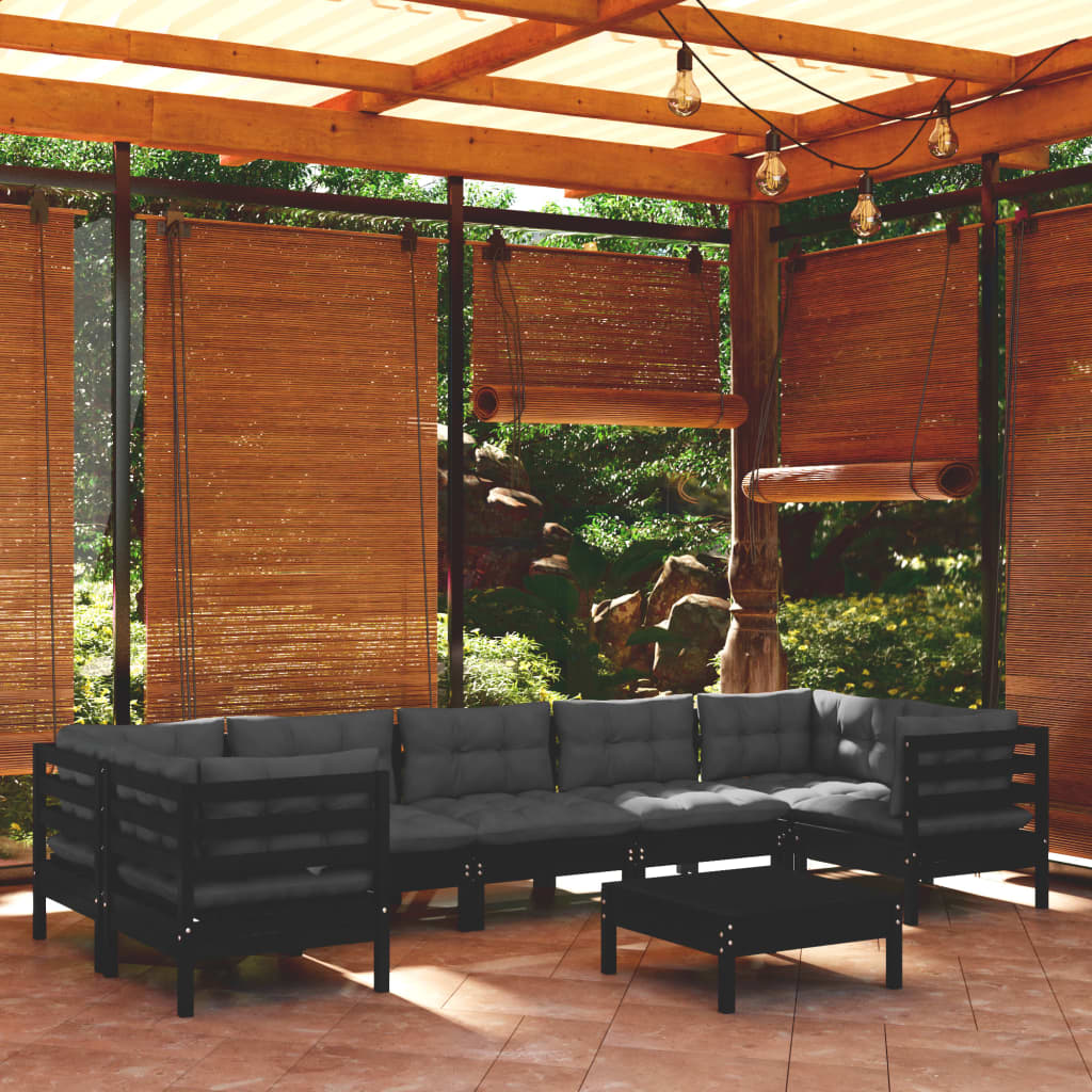 Salon de jardin 8 pcs avec coussins Noir Bois de pin